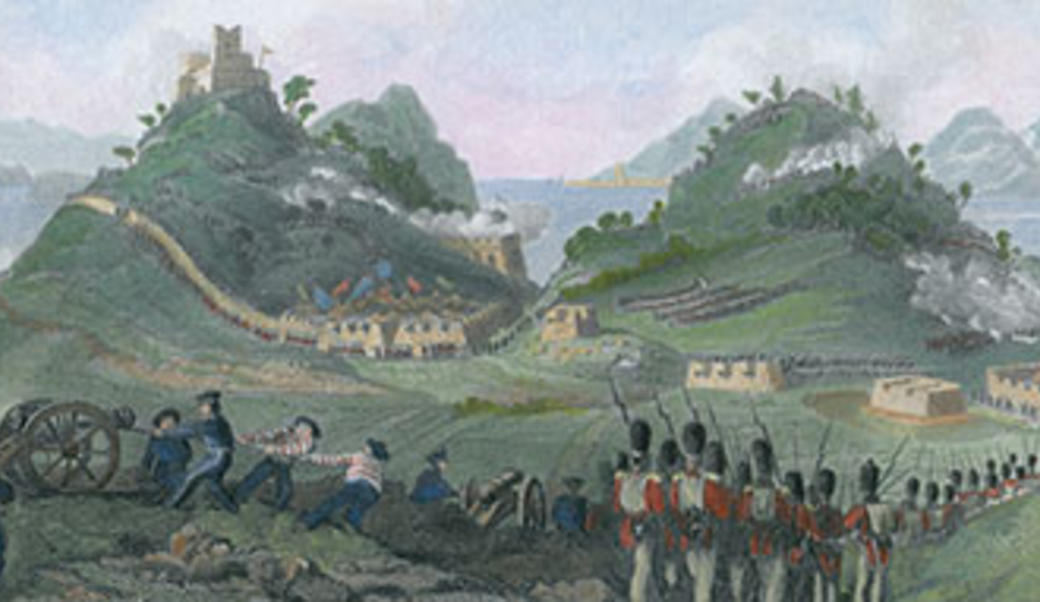 Engraving of 1841 British attack on Chuenpi Island during Opium War between Britain and China