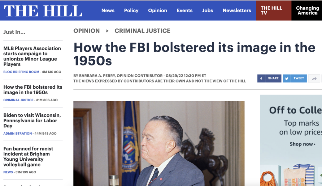 screenshot showing The Hill article and J. Edgare Hoover in 1966 