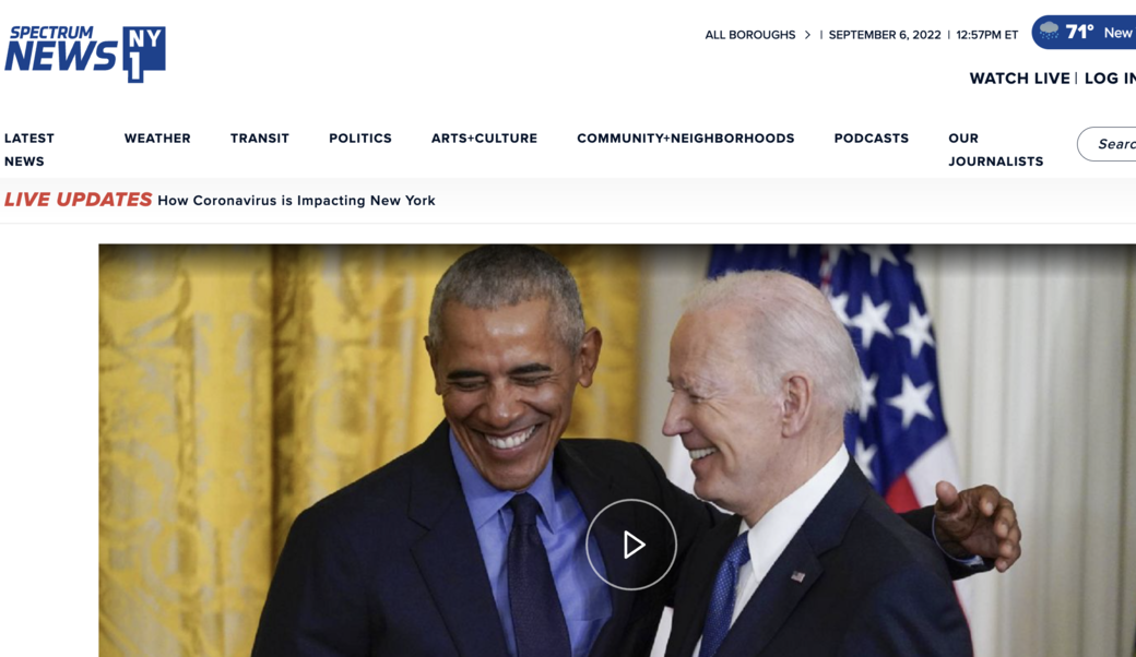 screenshot of headline with photograph of former President Obama and President Biden in April 2022