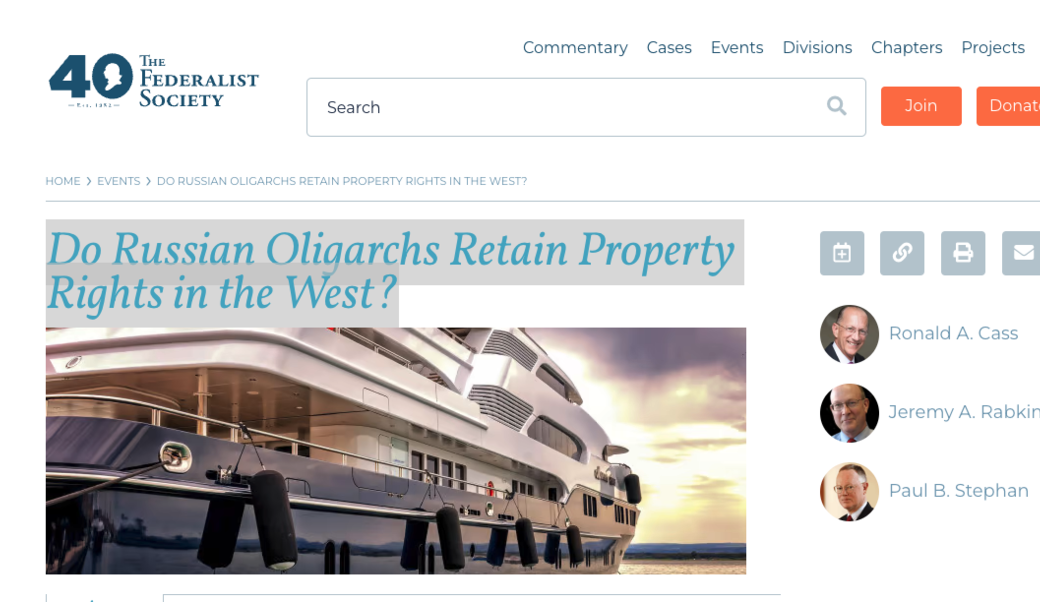 screenshot of Federalist Society article headline and photo showing Russian-owned yacht