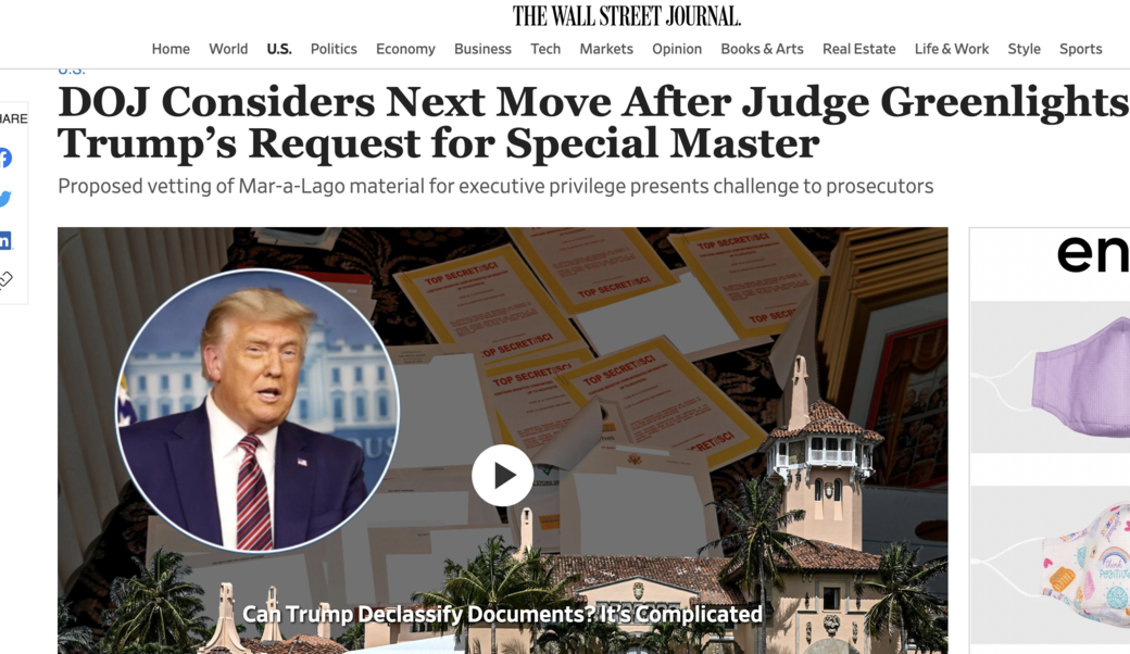 screenshot showing article headline and photograph of President Trump and documents photographed atop rug at Mar-a-Lago