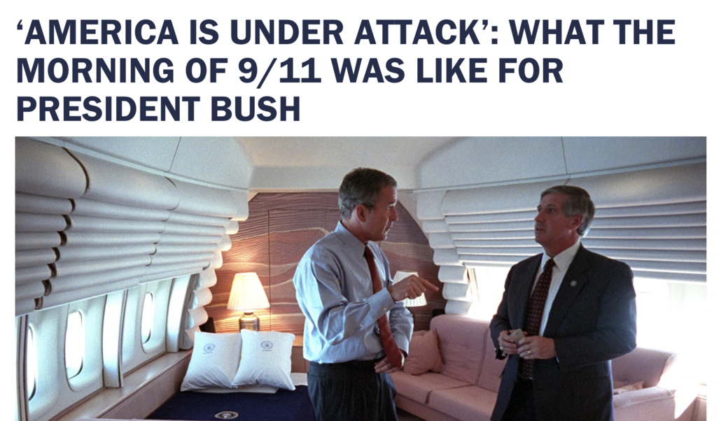 headline screenshot with photo of former President George W. Bush with White House Chief of Staff Andy Card on Sept. 11, 2001, in the president’s stateroom aboard Air Force One. (Photo by Eric Draper, courtesy of the George W. Bush Presidential Library)