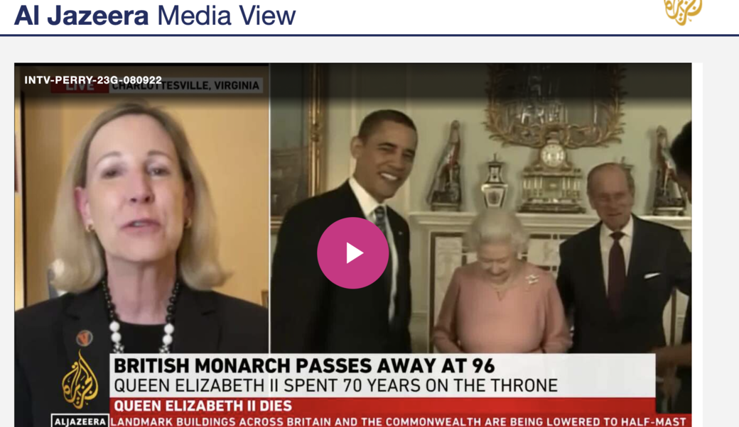 screenshot of media broadcast showing Barbara Perry and image of former President Obama meeting Queen Elizabeth II