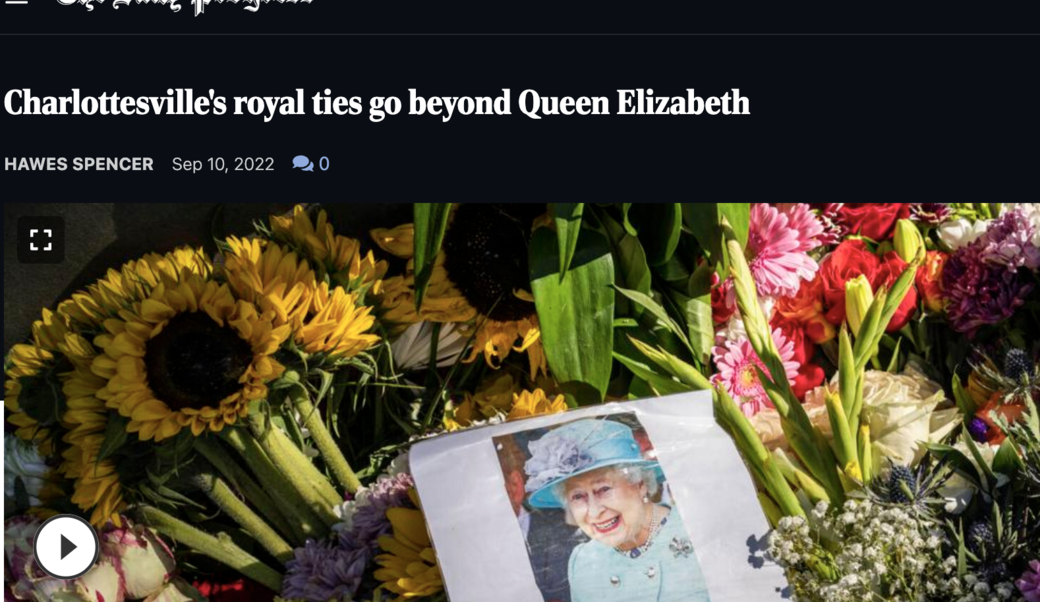 screenshot showing article headline and photograph of floral tributes and a farewell message to Queen Elizabeth II are seen outside Holyrood Palace in Edinburgh, Scotland, Saturday, Sept. 10, 2022.