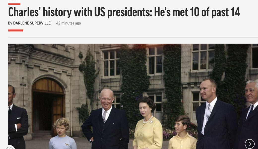screenshot of article headline and photograph showing the royal family with Dwight Eisenhower in Scotland in 1959