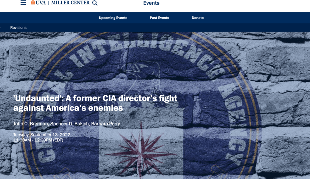 screenshot of Miller Center event title superimposed over seal of the Central Intelligence Agency