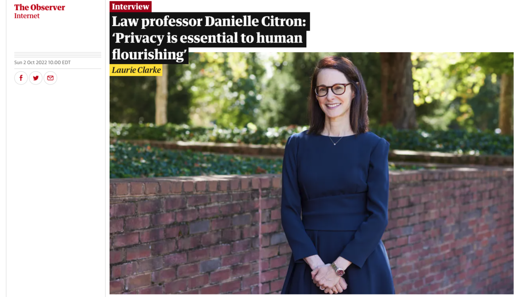 screenshot of article headline and photograph of Danielle Citron, September 2022