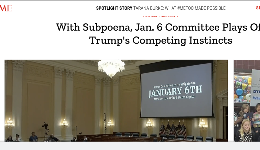 screenshot of Time headline and photo showing Jan. 6 hearings room in Capitol