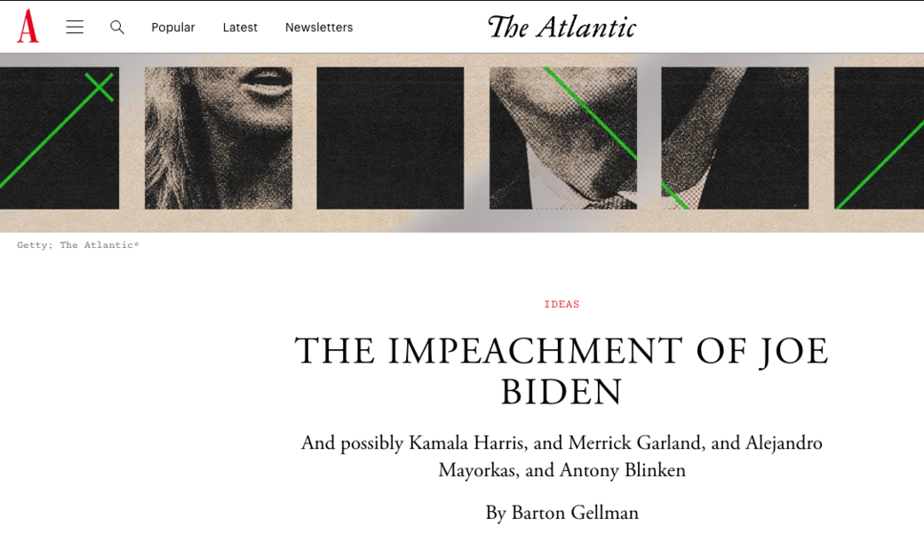 screenshot of Atlantic article headline with partial image of Marjorie Taylor Greene and President Joseph Biden