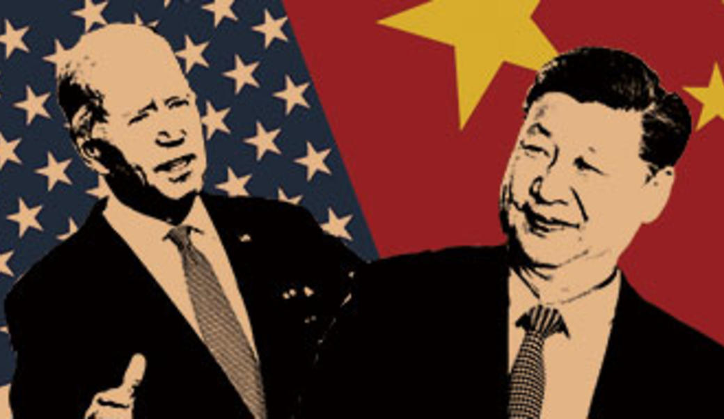 image of President Biden and President Xi superimposed on American and Chinese flags