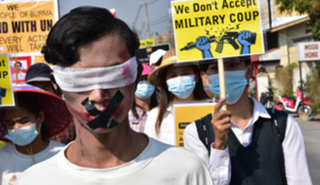 Nyaunghswe, Myanmar - 17 Feb 2021: Myanmar people took to the streets to protest against the military coup