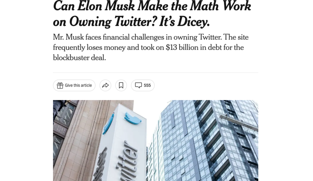 screenshot of article headline with photograph of Twitter headquarters in San Francisco