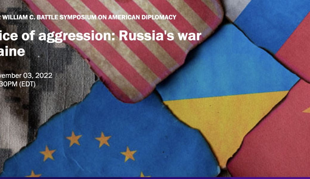 screenshot of conference title superimposed over image of American, Russian, Chinese, and EU flags with Ukrainian flag at the center