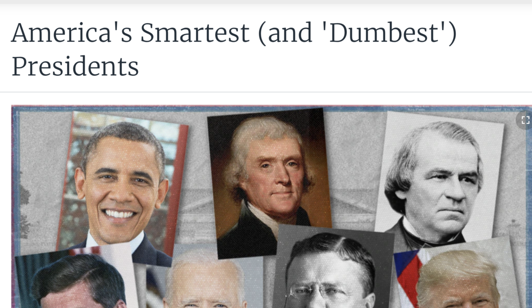 screenshot of article headline and photograph collage of American presidents, clockwise from upper left: Barack Obama, Thomas Jefferson, Andrew Johnson, Donald Trump, Teddy Roosevelt, Joe Biden, John F. Kennedy.