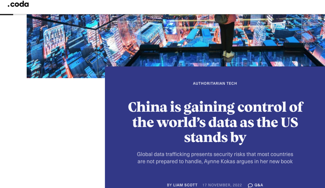 screenshot of article headline and image of skyscrapers and data running through the sky