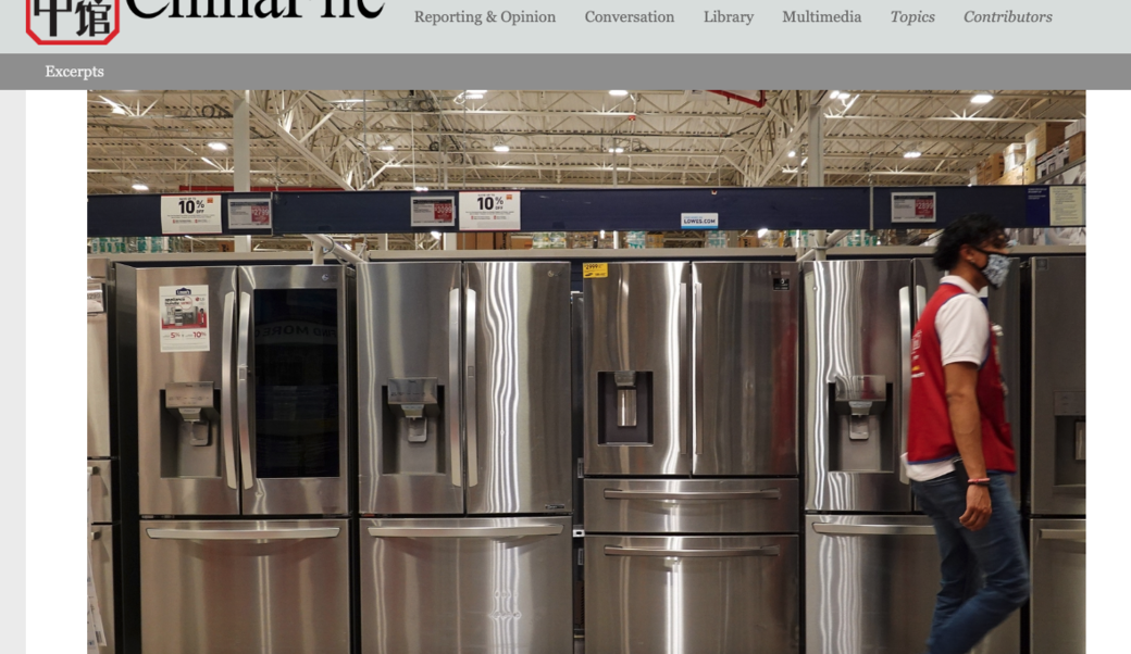 screenshot showing article title and photograph of refrigerators for sale in the appliance department at a Lowe’s store in Hialeah, Florida, May 12, 2021.