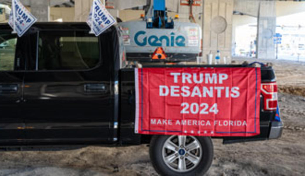 Truck with a sign for Trump-Desantis in 2024 presidential election