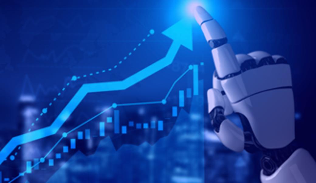image of robot hand pointing to economic chart