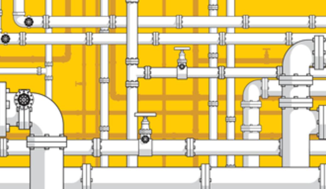 drawing of pipes intersecting, different diameters and directions