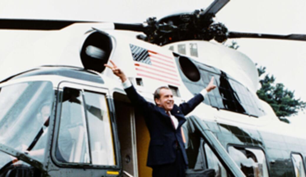 Richard Nixon boarding Army One upon his departure from the White House after resigning