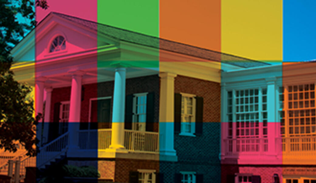 Photo of Faulkner House, Miller Center's physical plant, with multicolored squares superimposed