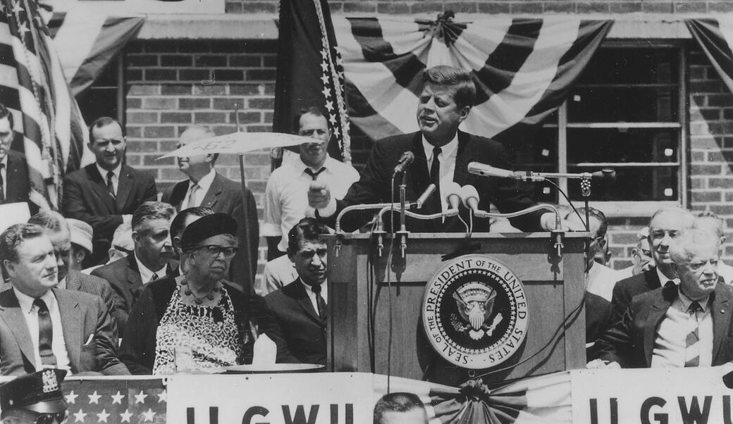 Eleanor Roosevelt, Nelson Rockefeller, John F. Kennedy, and David Dubinsky in New York City