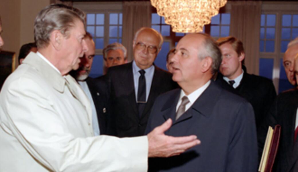 President Ronald Reagan and Soviet General Secretary Mikhail Gorbachev at Hofdi House in Reykjavik, Iceland.
