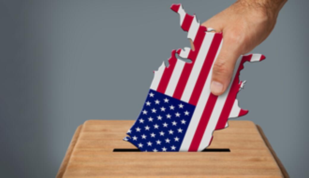 image of a hand putting a US map into a ballot box