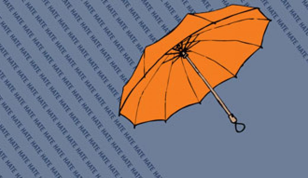 Drawing of umbrella and rain made out of word "hate"