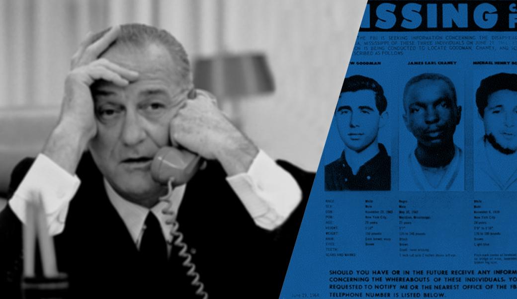 LBJ on the phone with poster of missing youth