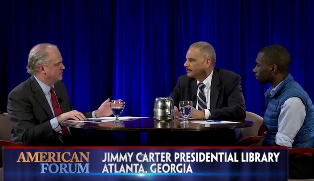 Eric Holder and DeRay Mckesson talk with Doug Blackmon