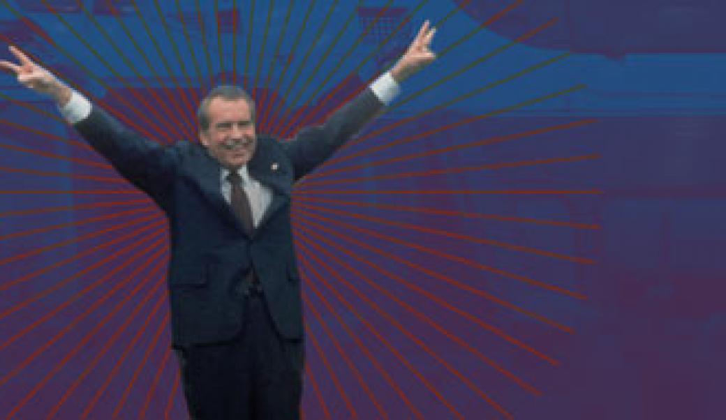 Nixon waves farewell in front of stylized background
