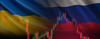 Ukraine and Russian flags with stock market graph