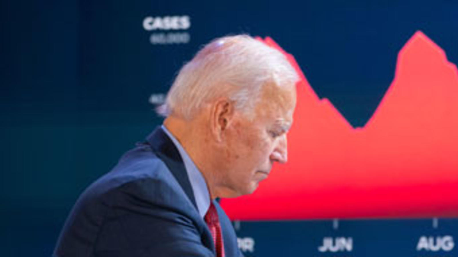 Joe Biden in front of a chart tracking covid